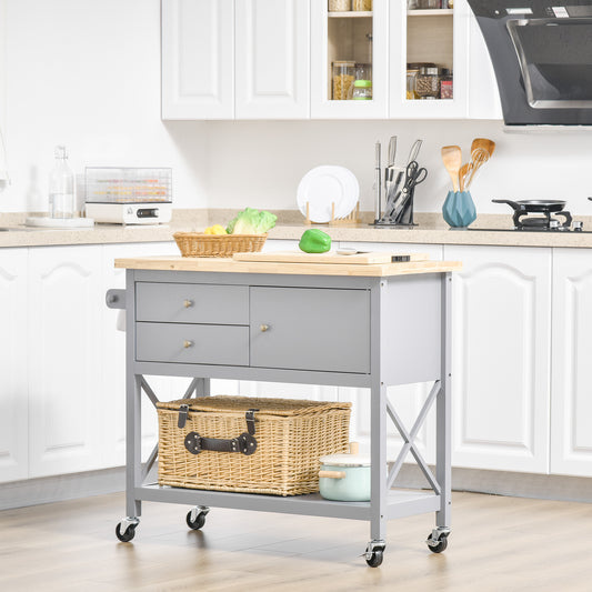 HOMCOM Kitchen Cart, Rolling Kitchen Island with Storage Drawers, Coffee Cart with Rubberwood Top, Grey | Aosom Canada