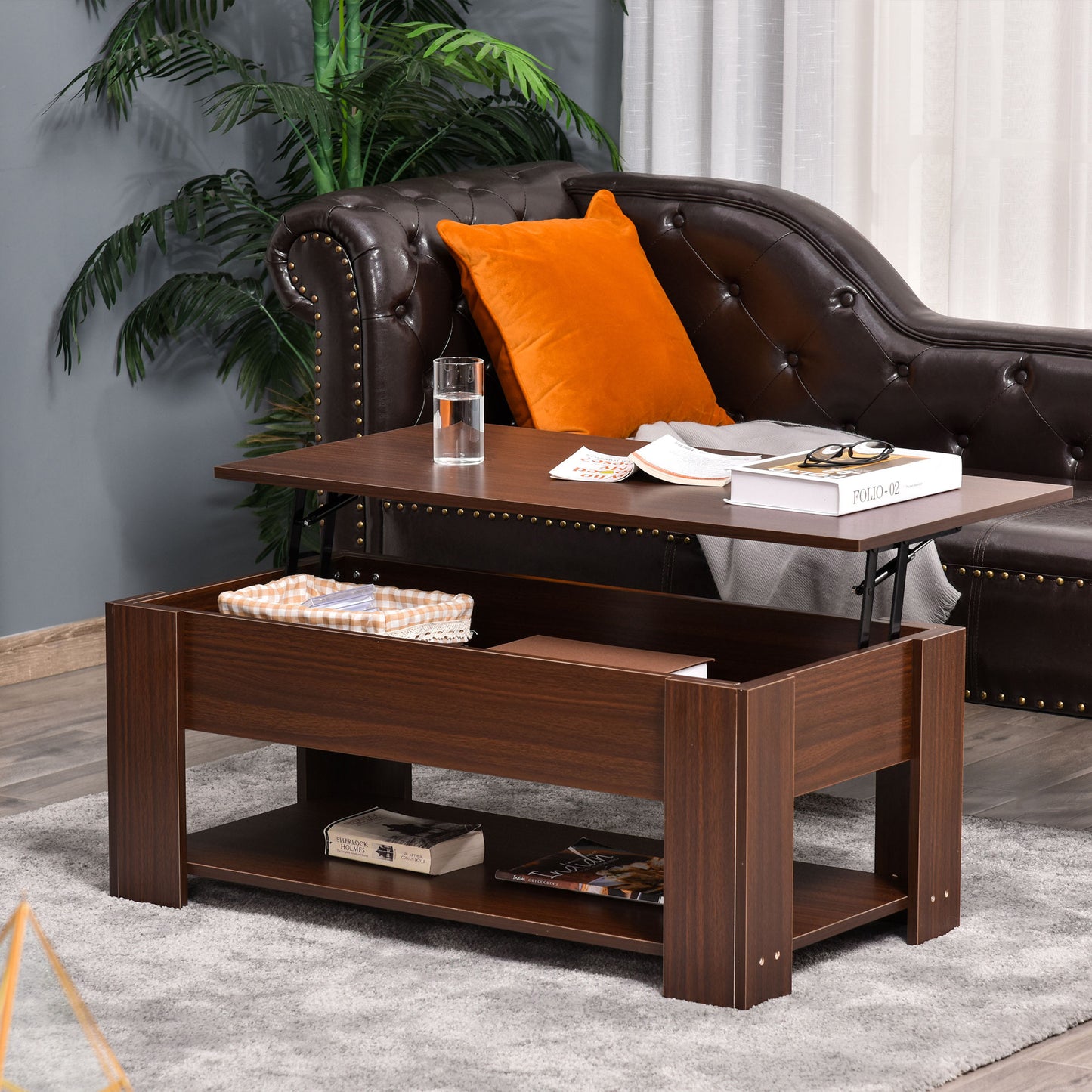 HOMCOM Lift Top Coffee Table with Hidden Storage Compartment and Open Shelf, Center Table for Living Room, Brown | Aosom Canada