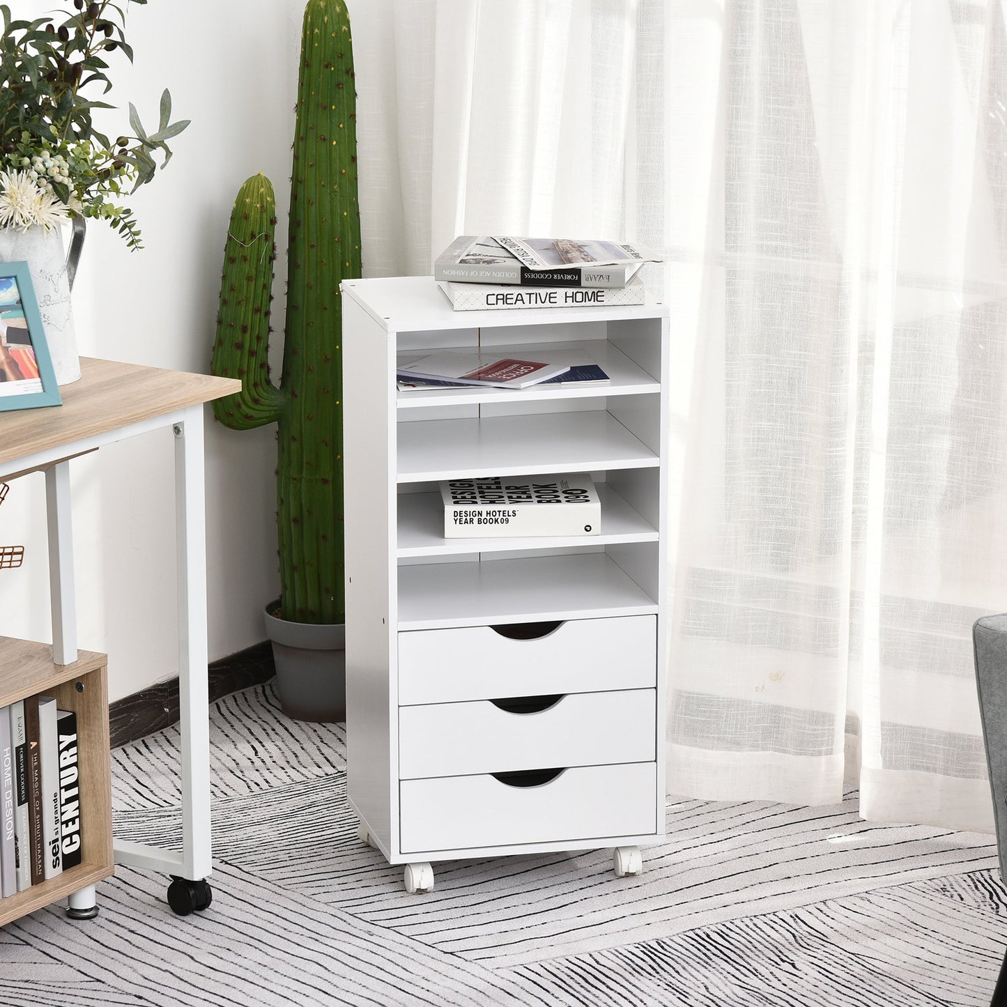 Vinsetto 3 Drawers White Filing Cabinet w/ 4 Caster Wheels Wooden File Cabinet  w/ 4 Open Shelves Mobile Filing Organizer for Office | Aosom Canada