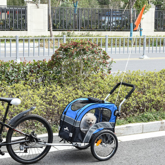 Aosom Dog Bike Trailer 2-in-1 Pet Stroller Cart Bicycle Wagon Cargo Carrier Attachment for Travel w/ Swivel Wheel Reflectors Flag Blue | Aosom Canada
