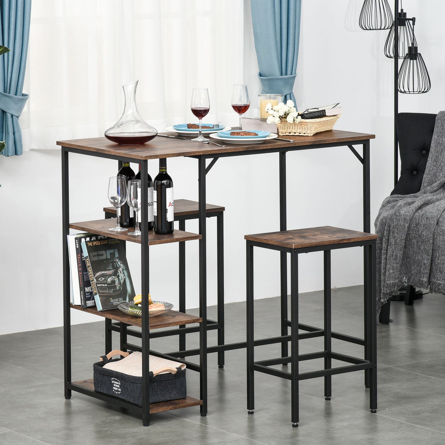 HOMCOM 3 Pieces Industrial Bar Height Dining Table Set with Storage Shelf & 2 Stools for Dining Room  Kitchen  Dinette | Aosom Canada