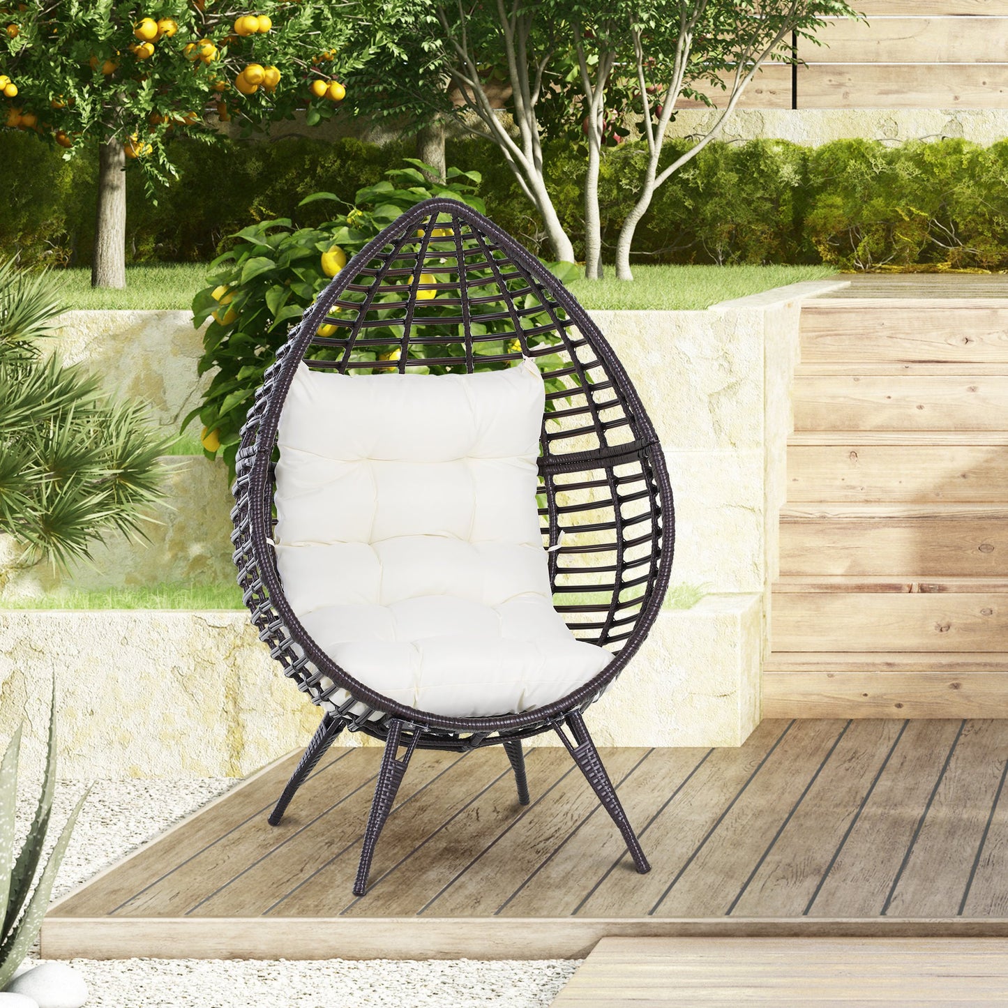 Outsunny Rattan Wicker Lounge Chair with Soft Cushion, Outdoor/Indoor Egg Teardrop Cuddle Chair with Height Adjustable Knob, Brown | Aosom Canada