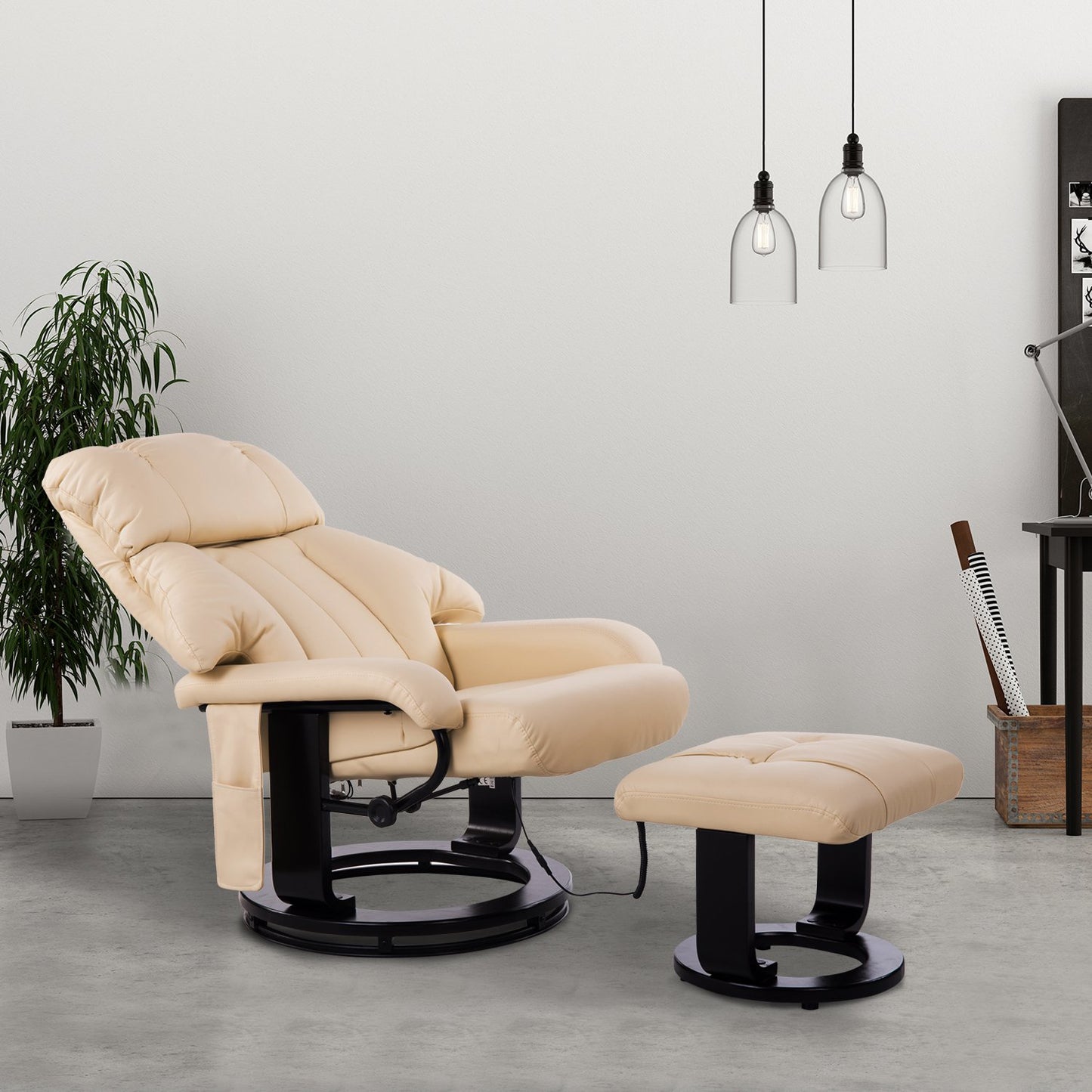 Homcom Beige Leather Easy Chair With Ottoman Footrest Electronic Massage Reclining Chair With 10 Vibration Motor And Wood Base | Aosom Canada