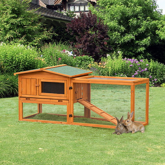 PawHut 2-Story Rabbit Hutch Bunny Cage Small Animal House with Pull Out Tray, Detachable Run, Ramp, 61.5"x23"x27" | Aosom Canada