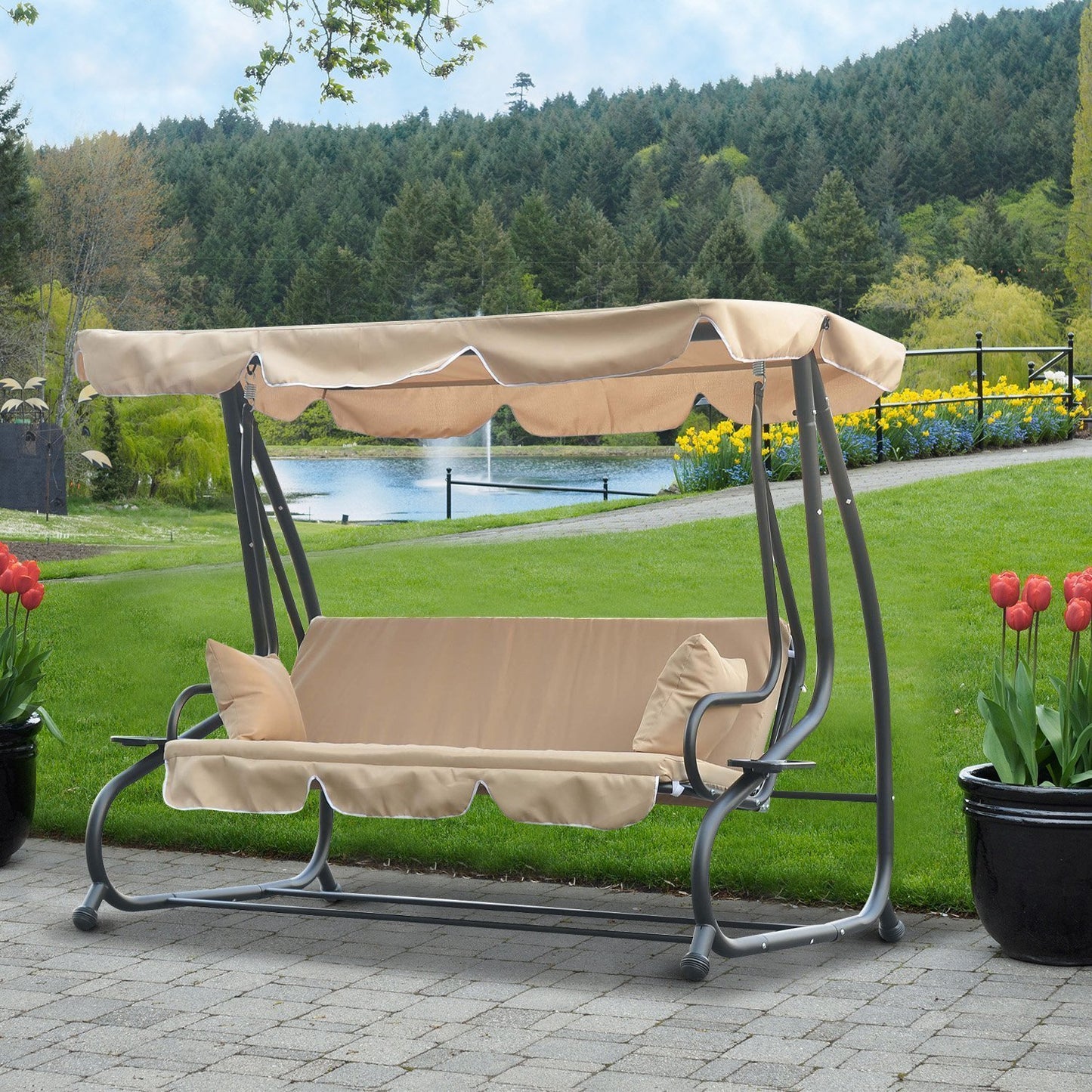Outsunny Heavy-duty Metal 3 Seater Outdoor Swing Chair Hammock Beige | Aosom Canada