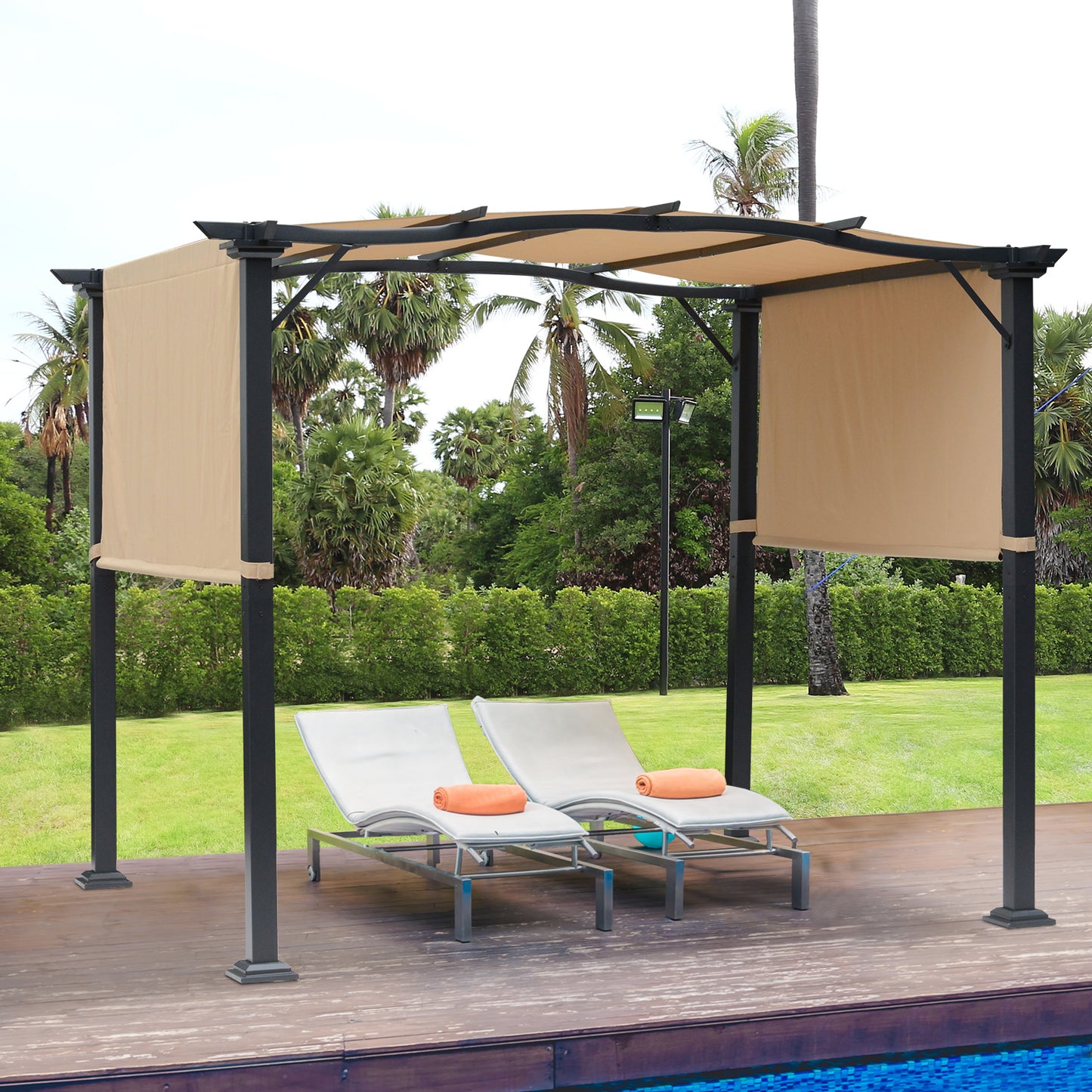 Outsunny 9' x 8' Outdoor Retractable Pergola Garden Gazebo with Two Adjustable Side Canopy Overhead Sun Shade Cover, Khaki | Aosom Canada