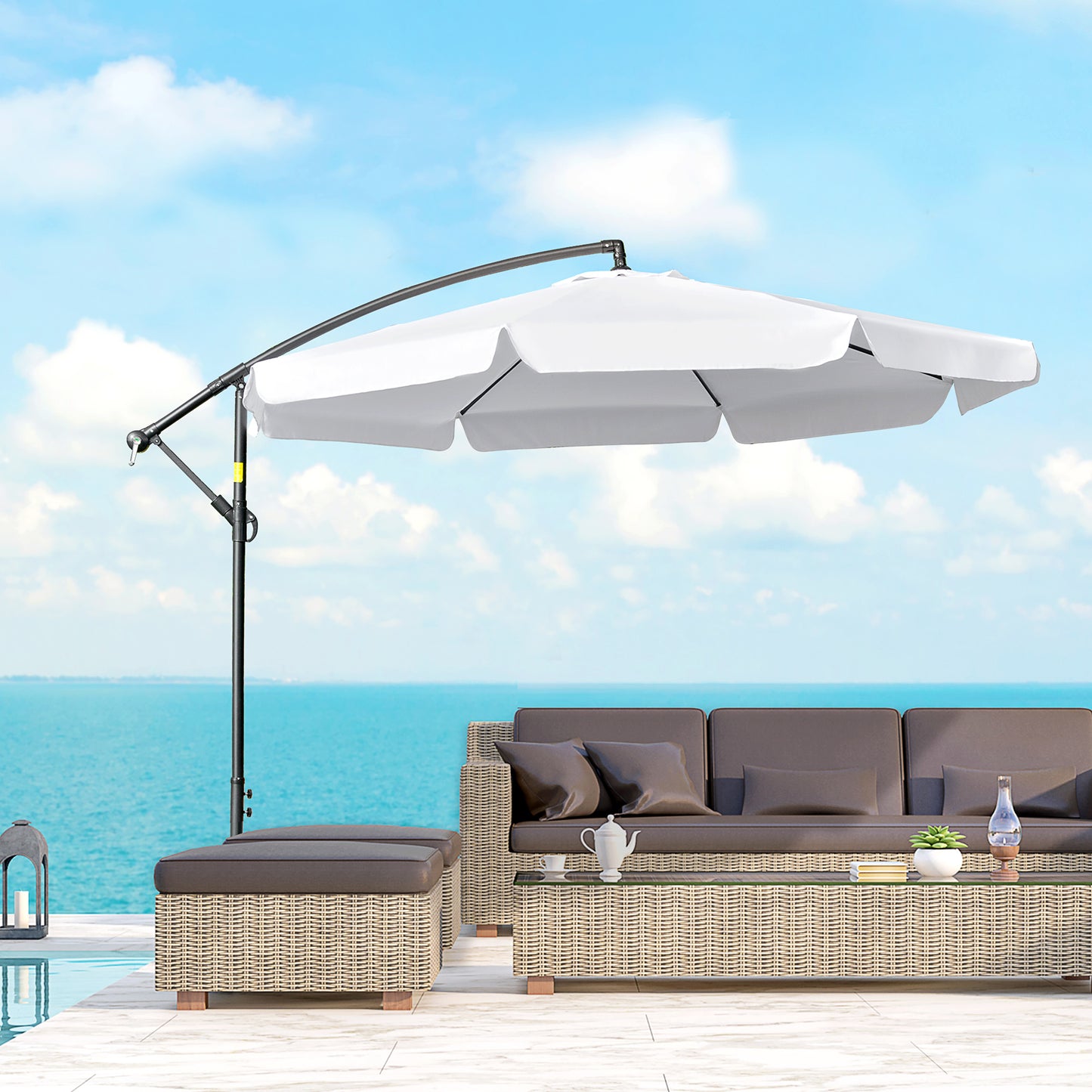 Outsunny 11FT Offset Hanging Patio Umbrella Cantilever Umbrella with Easy Tilt Adjustment, Cross Base and 8 Ribs, White | Aosom Canada