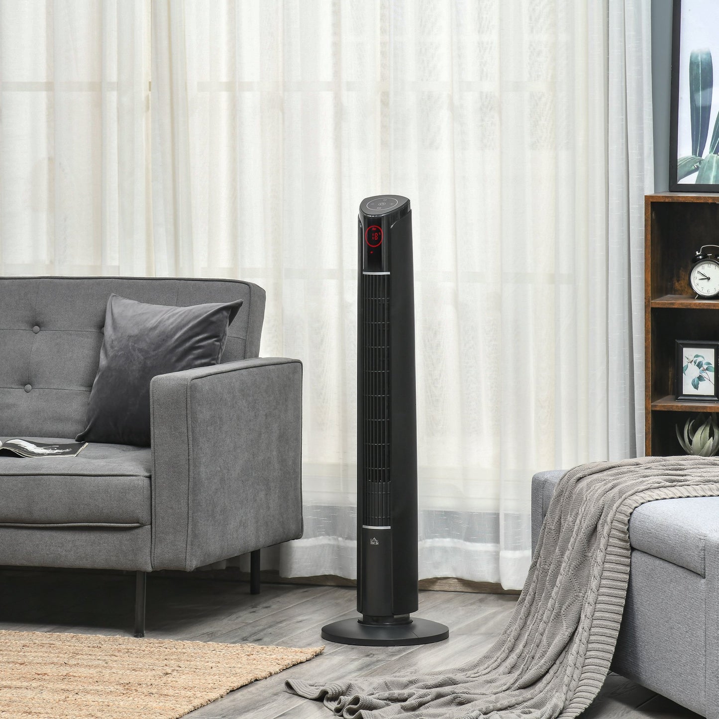 HOMCOM Freestanding Tower Fan Cooling for Home Bedroom with 3 Speed, 12h Timer, Oscillating, Tilt, LED Panel, Remote Controller, Black | Aosom Canada