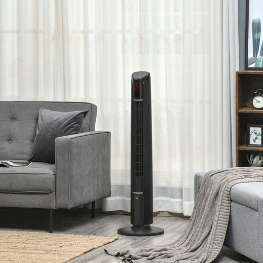 HOMCOM Freestanding Tower Fan Cooling for Home Bedroom with 3 Speed, 12h Timer, Oscillating, Tilt, LED Panel, Remote Controller, Black | Aosom Canada