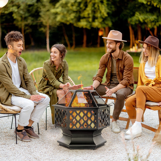Outsunny Outdoor Fire Pit with Screen Cover, Portable Wood Burning Firebowl with Poker for Patio, Backyard, Black | Aosom Canada