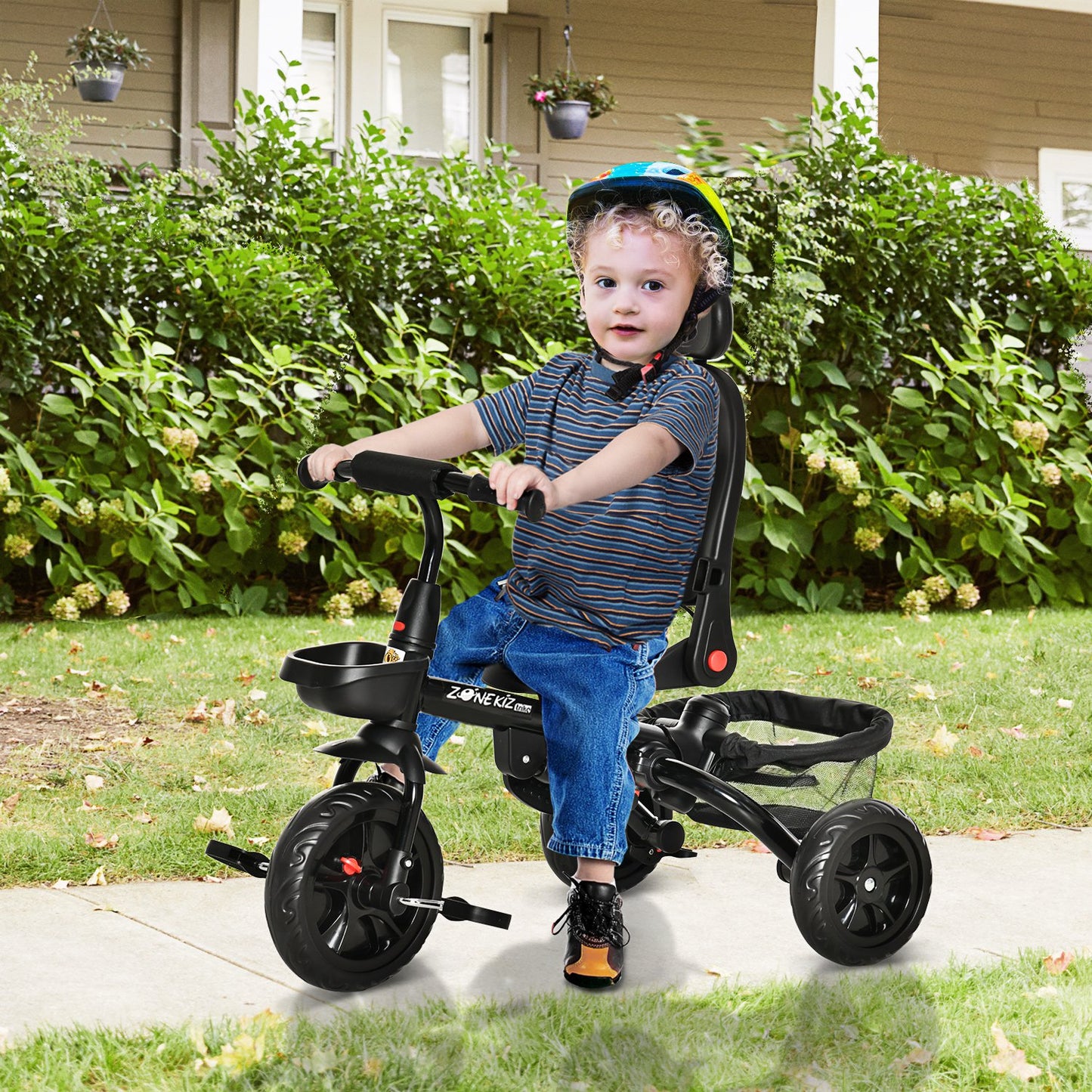 Qaba Baby Tricycle 4 In 1 Push Stroll w/ Reversible Angle Adjustable Seat Removable Handle Canopy Handrail Footrest Brake Clutch Red | Aosom Canada