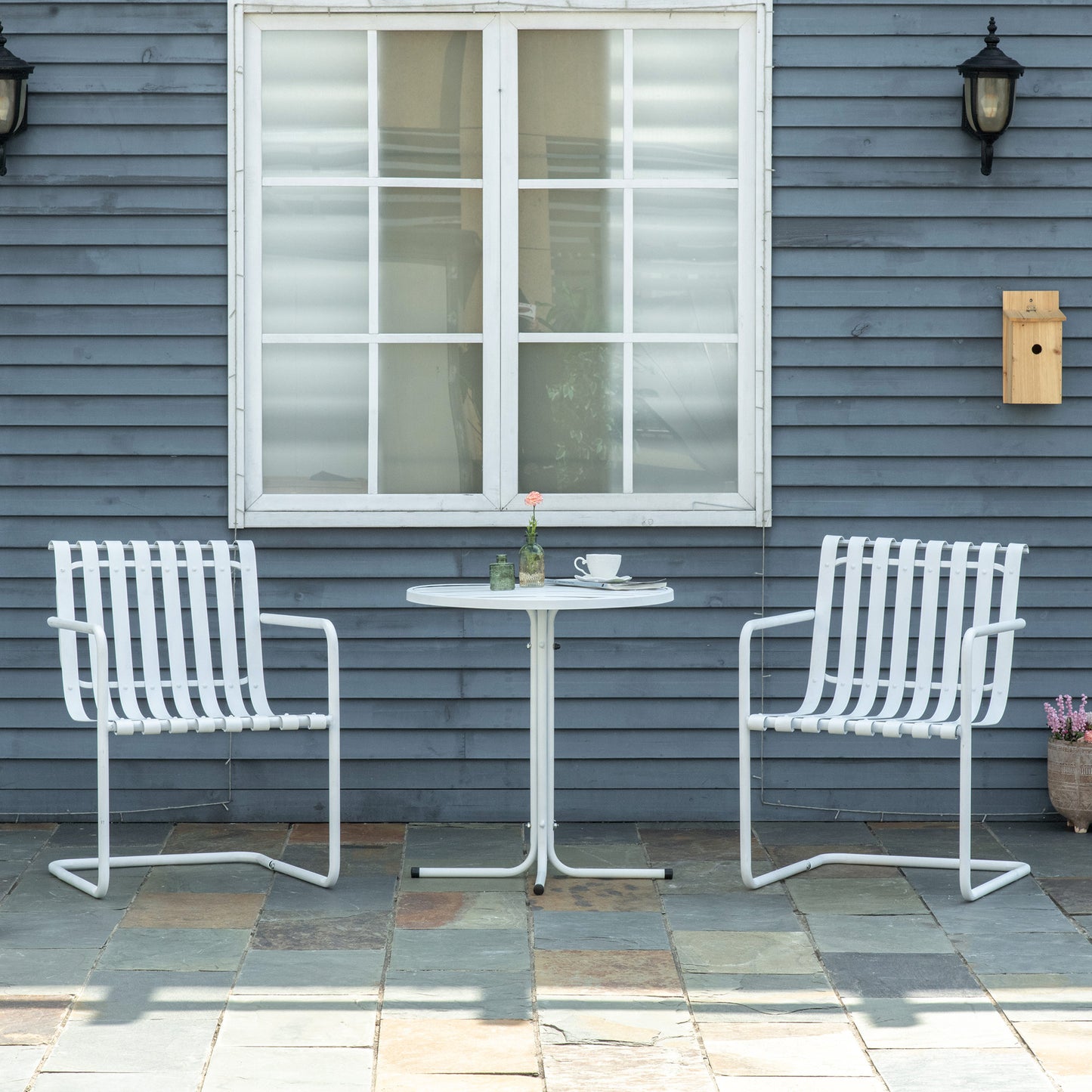 Outsunny 3 Pieces Patio Bistro Set Garden Coffee Table Set with 2 Chairs & Round Table for Outdoor Yard Porch Poolside Balcony, White | Aosom Canada