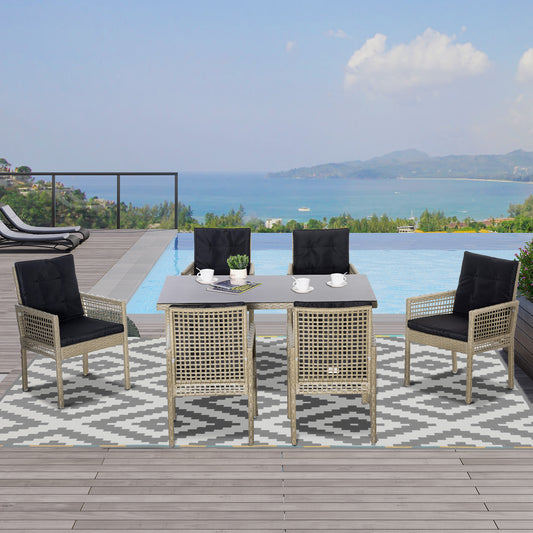 Outsunny 7 Pieces Outdoor PE Rattan Dining Set, Patio Wicker Armrests Chair Conversation Furniture w/ Tempered Glass Table Top, Black | Aosom Canada