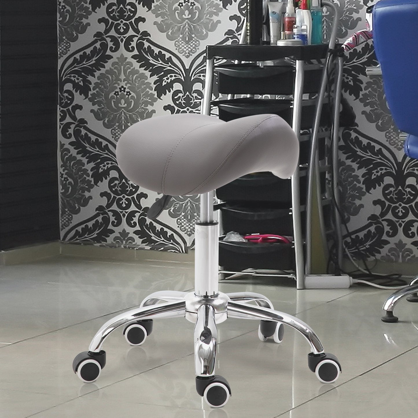 HOMCOM hairdressing chairs Adjustable Hydraulic Rolling Salon Stool Swivel Saddle Chair Spa Beauty Seat PU Grey | Aosom Canada