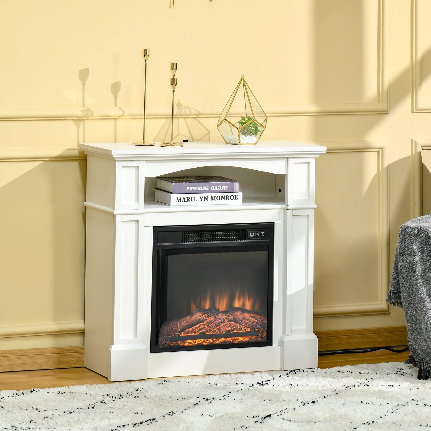 HOMCOM Electric Fireplace with Mantel, Freestanding Heater Corner Firebox with Log Hearth, Shelf and Remote Control, 1400W, White | Aosom Canada