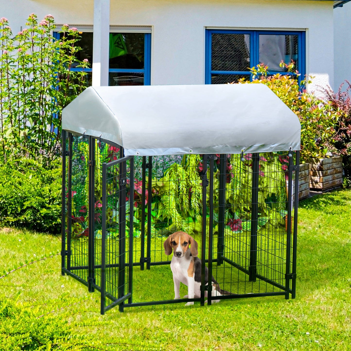 PawHut 4' x 4' x 4.5' Large Outdoor Dog Kennel Steel Fence with UV-Resistant Oxford Cloth Roof & Secure Lock | Aosom Canada