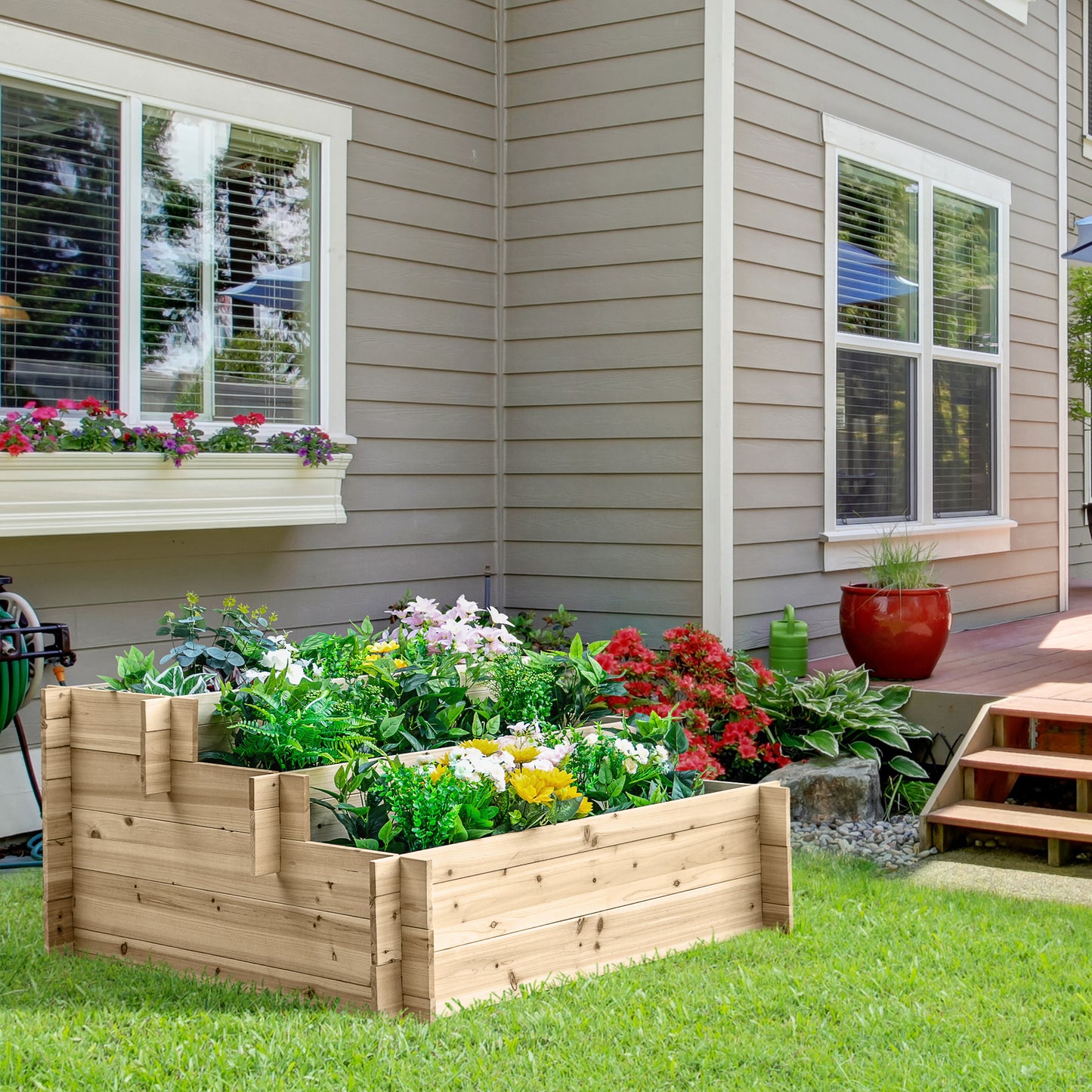 Outsunny 3-Tier Wood Raised Garden Bed, Elevated Planting Box, Outdoor Vegetable Flower Container, Herb Garden Indoor Kit, Natural | Aosom Canada