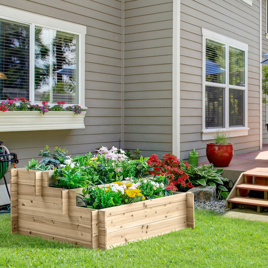 Outsunny 3-Tier Wood Raised Garden Bed, Elevated Planting Box, Outdoor Vegetable Flower Container, Herb Garden Indoor Kit, Natural | Aosom Canada