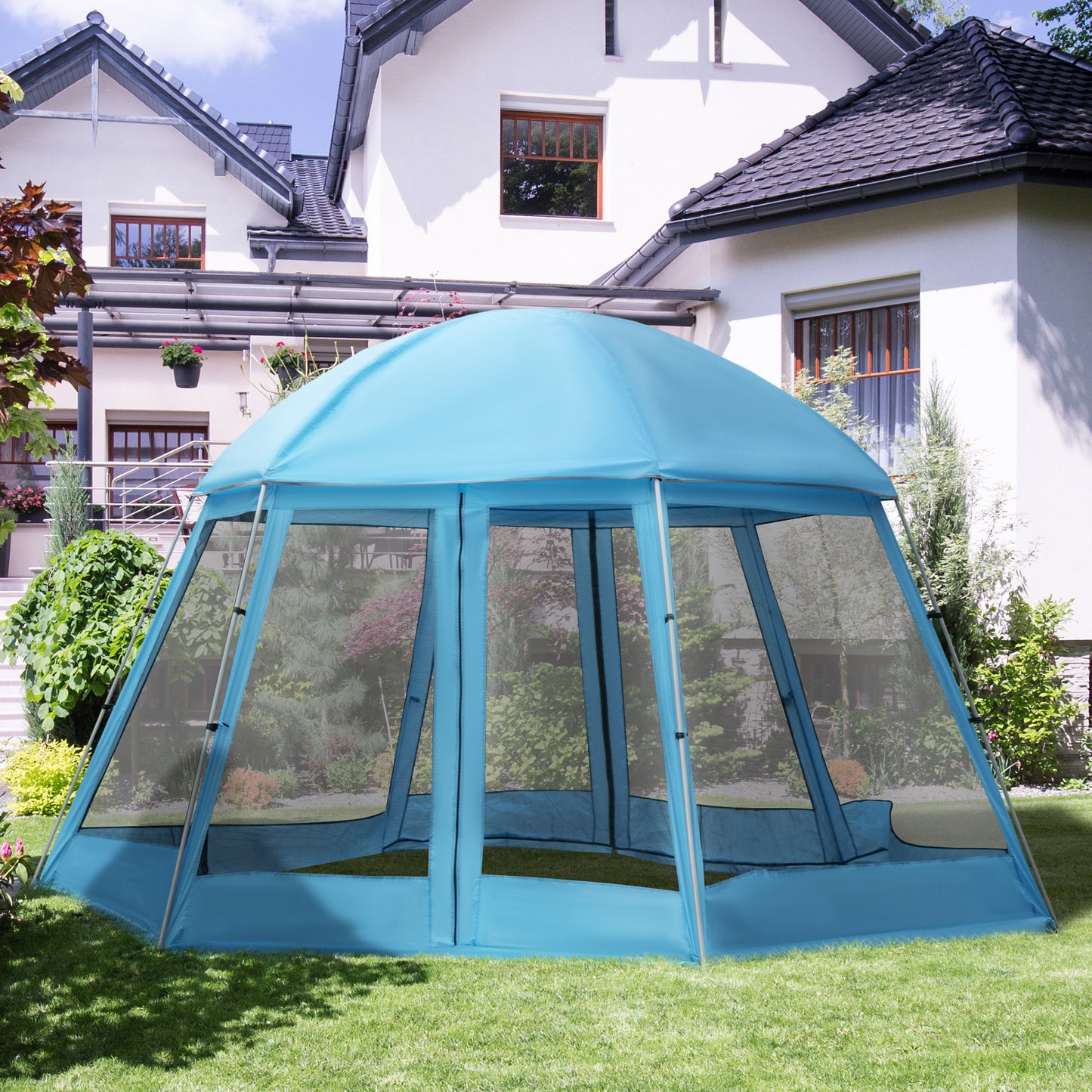 Outsunny Hexagon Shape Screen House, Canopy Shelter Gazebo Camping Outdoor Instant Setup Mesh Tent Fits 6-8 People, Blue | Aosom Canada