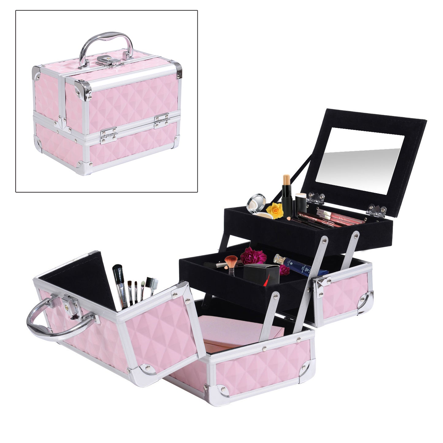 HOMCOM cosmetics cases 3 Tier Diamond Texture Makeup travel case Organizer w/ Mirror  Pink | Aosom Canada