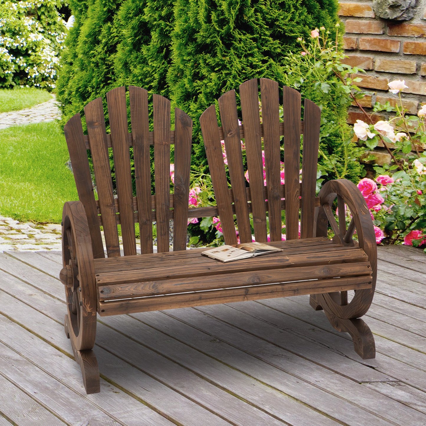 Outsunny Outdoor Garden Bench, 2- Seat Patio Wooden Bench with Wheel-Shaped Armrests for Yard, Carbonized color | Aosom Canada