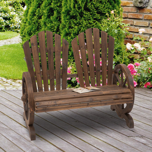 Outsunny Outdoor Garden Bench, 2- Seat Patio Wooden Bench with Wheel-Shaped Armrests for Yard, Carbonized color | Aosom Canada