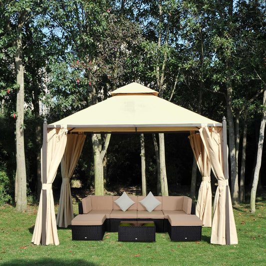 Outsunny 10x10ft Gazebo Canopy Double-tire Garden Shelter Outdoor Sun Shade with Curtains, Beige | Aosom Canada