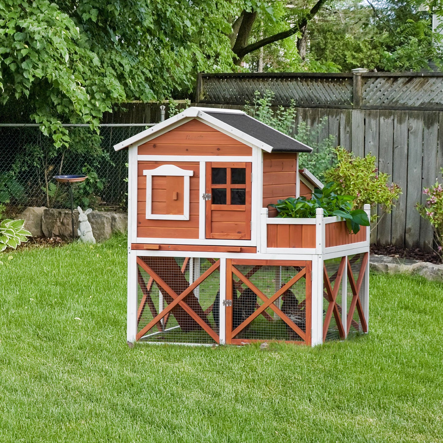 PawHut 44" Chicken Coop, Wooden Hen Run House, Rabbit Hutch with Nesting Box, Removable Tray, Asphalt Roof, Planting Lattice, Orange | Aosom Canada