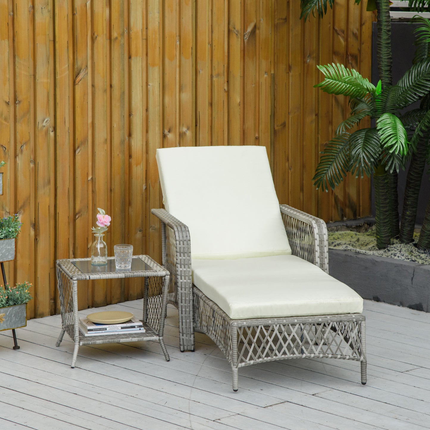 Outsunny Outdoor 2 PCS PE Rattan Sun Lounger, Patio Wicker Recliner Chair Furniture with 5-Level Adjustable Backrest, Cream White | Aosom Canada