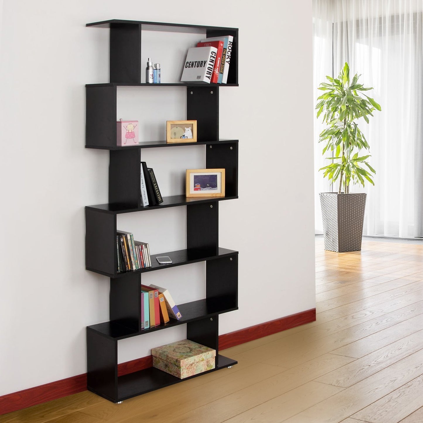 HOMCOM 6-Tires Wooden Bookcase S Shape Storage Display Unit Home Office Furniture Black | Aosom Canada