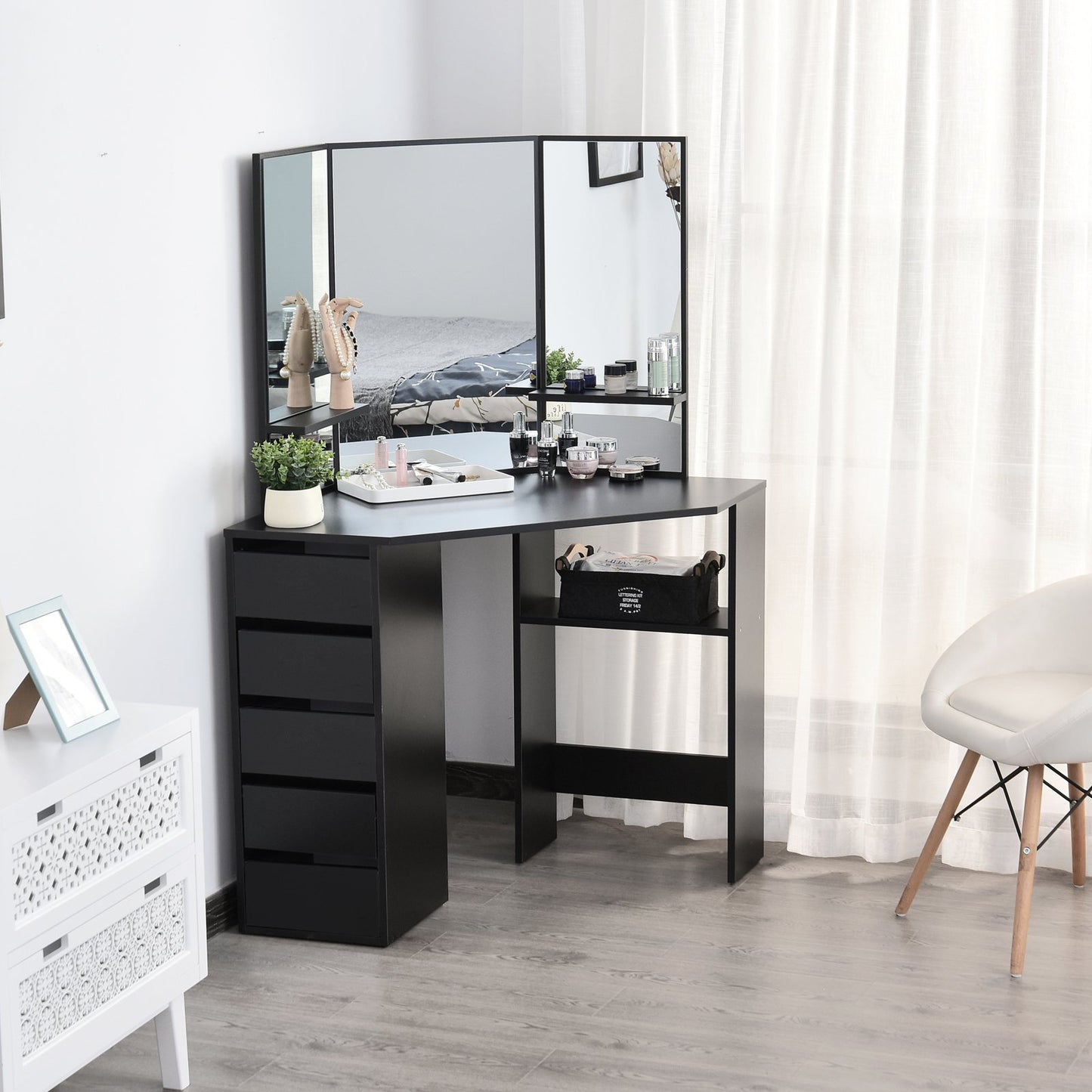 HOMCOM Dressing Table w/Tri-Mirror 5 Drawers 2 Shelves Worktop Bedroom Vanity Dresser Make-up Storage Home Furniture Black | Aosom Canada