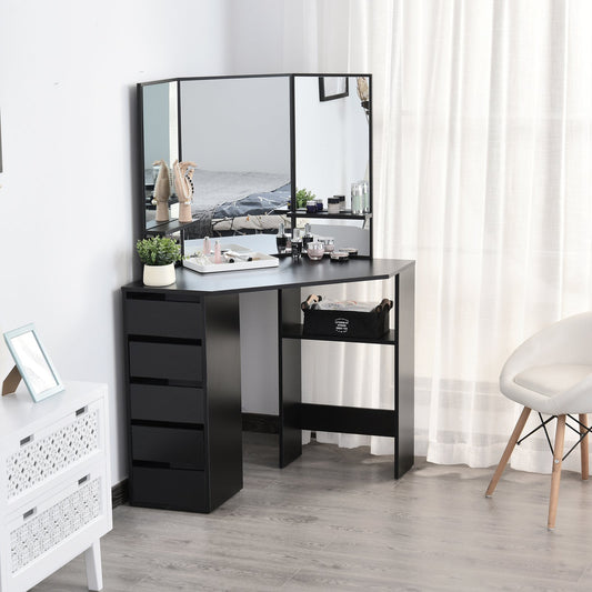 HOMCOM Dressing Table w/Tri-Mirror 5 Drawers 2 Shelves Worktop Bedroom Vanity Dresser Make-up Storage Home Furniture Black | Aosom Canada