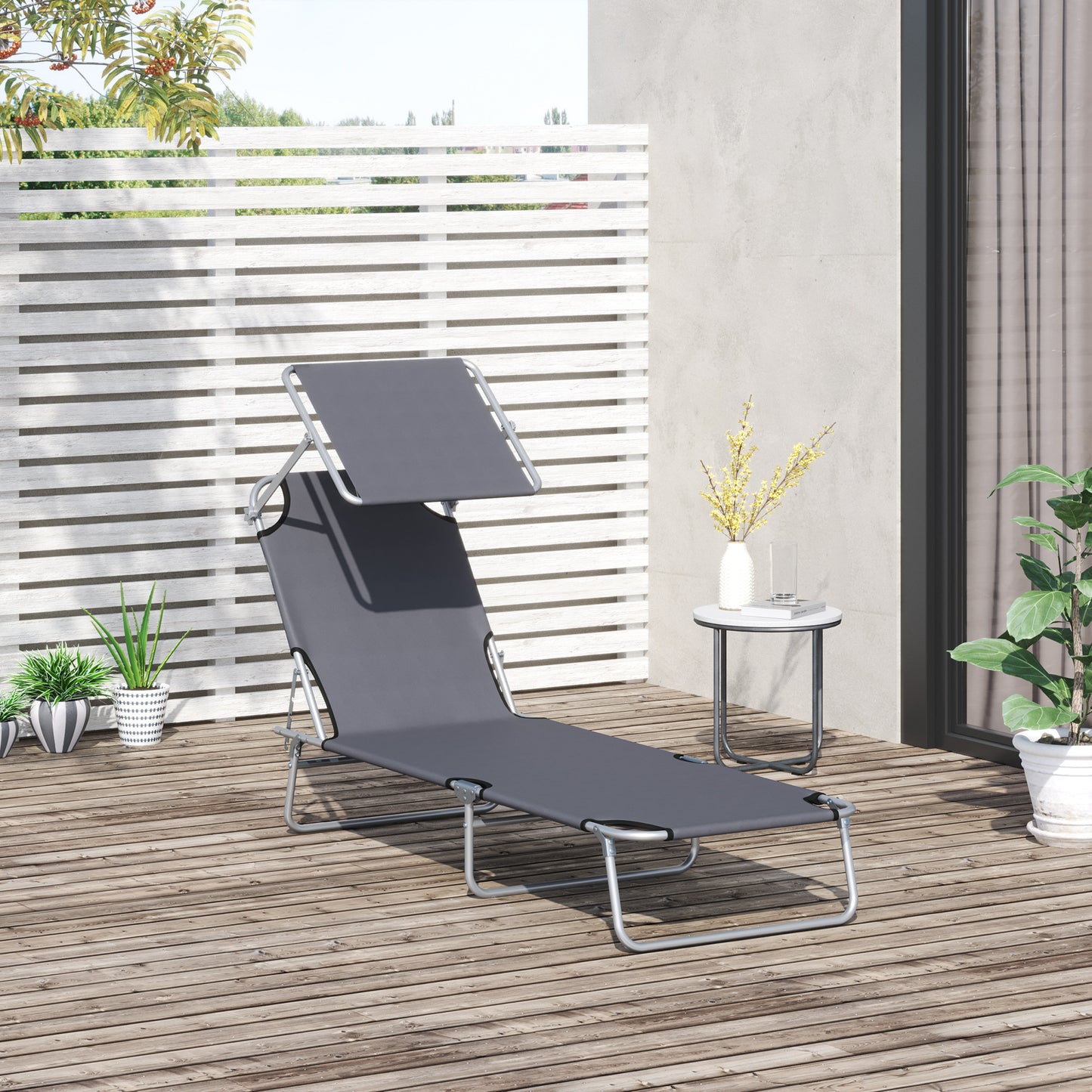 Outsunny Adjustable Garden Chaise Lounge Outdoor Camping Beach Lounging Bed Reclining Seat Portable with Sun Shade (Grey) | Aosom Canada