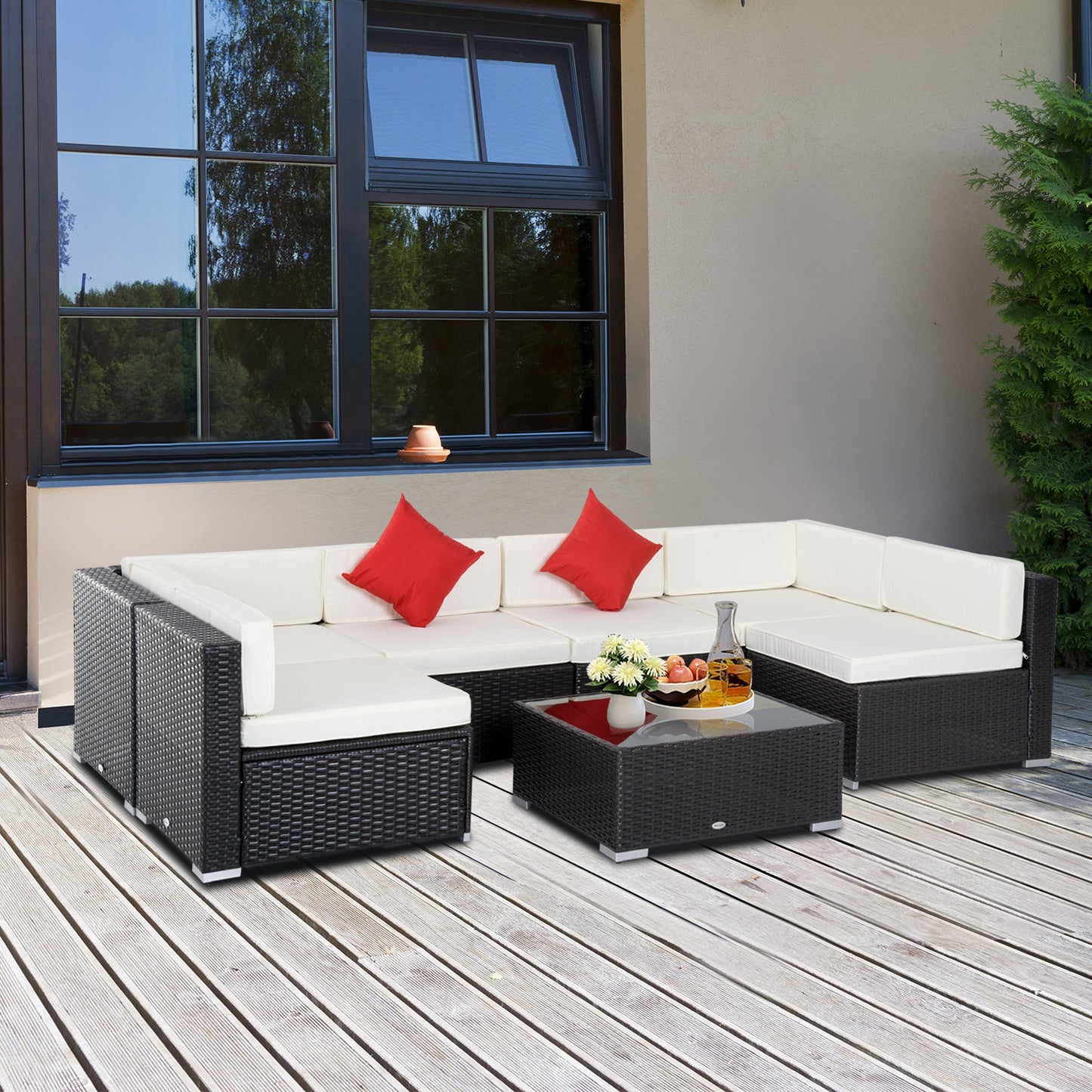 Outsunny 7 Pieces Outdoor Rattan Furniture Set, Patio Wicker Sectional Conversation Sofa Set with Cushions and Coffee Table, Cream White| Aosom Canada