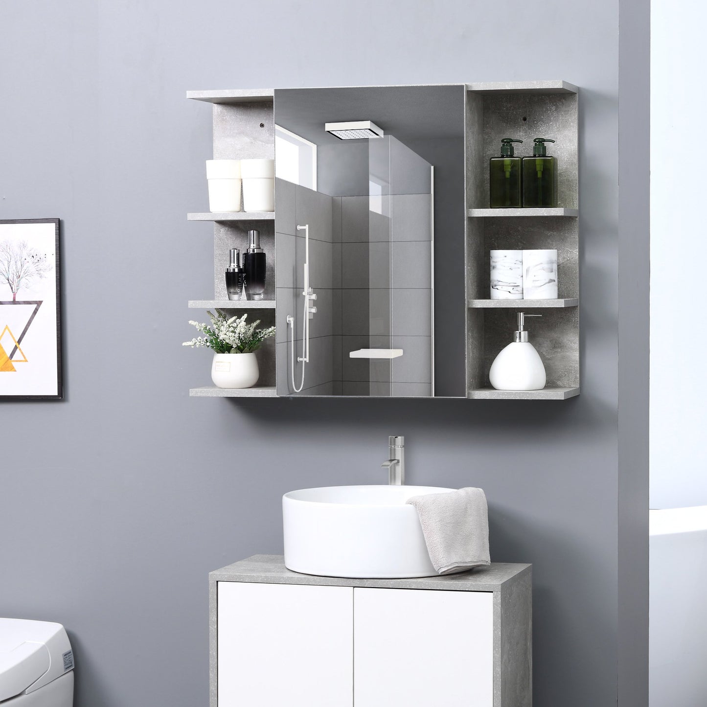 kleankin 32 Inch x 8 Inch Bathroom Medicine Cabinet, Wall Mounted Storage Organizer with Mirror Door, 6 Open Shelves, Grey | Aosom Canada