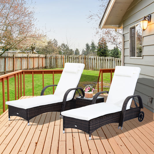 Outsunny Patio Rattan Lounge Set Reclining Chaise 3pcs Wheeled Brown | Aosom Canada