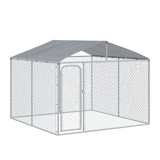PawHut Outside Dog Kennels 10'Lx10'Wx6'H Large Outdoor Dog Playpen Galvanized Pet Exercise House Cage w/ Canopy Roof, Silver | Aosom Canada
