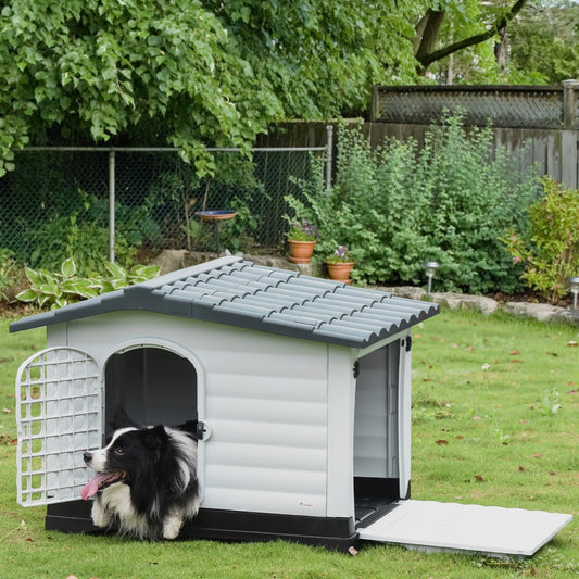 PawHut Plastic Dog Kennel House Puppy Indoor & Outdoor Pet Shelter with Raised Base Window Door for Medium Sized Dogs Grey and White | Aosom Canada
