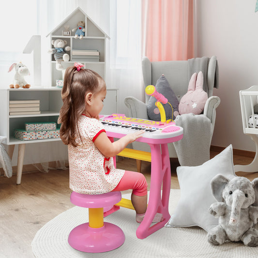 Qaba Kids Toddler Toy Piano Keyboard with Included Sitting Stool, Working Microphone, A Fun Bright Flashlight, Pink | Aosom Canada