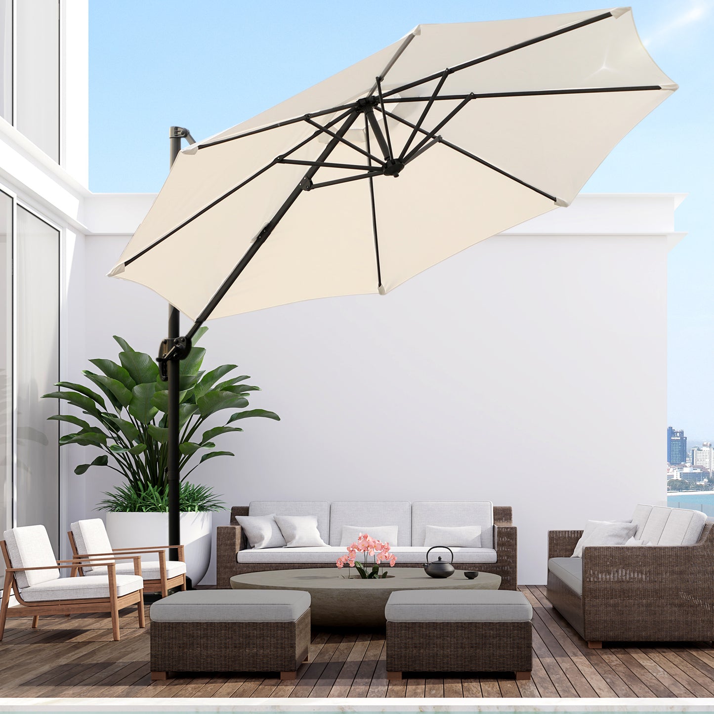Outsunny Φ9.6' Round Patio Hanging Offset Umbrella Outdoor Cantilever Crank Market Parasol Sun Canopy Shelter 360°Rotation, Cream | Aosom Canada