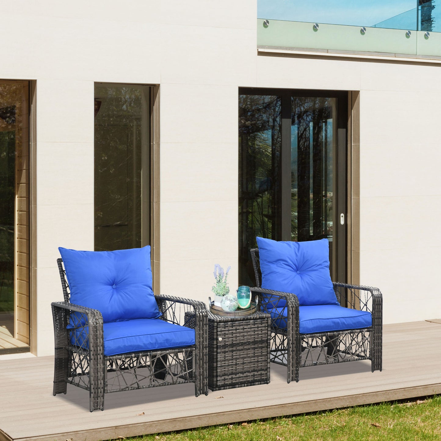Outsunny 3 PCS Patio Wicker Coffee Table Set Bistro Conversation Furniture with Cushion & Storage Function Patio Yard Porch Blue | Aosom Canada