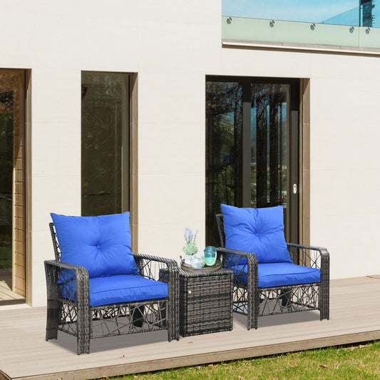 Outsunny 3 PCS Patio Wicker Coffee Table Set Bistro Conversation Furniture with Cushion & Storage Function Patio Yard Porch Blue | Aosom Canada