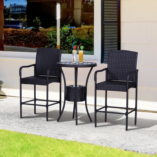Outsunny 3pcs Garden Rattan Bistro Table and High Chairs Outdoor Conversation Bar Set w/ Ice Bucket Wicker Chat Set Brown | Aosom Canada