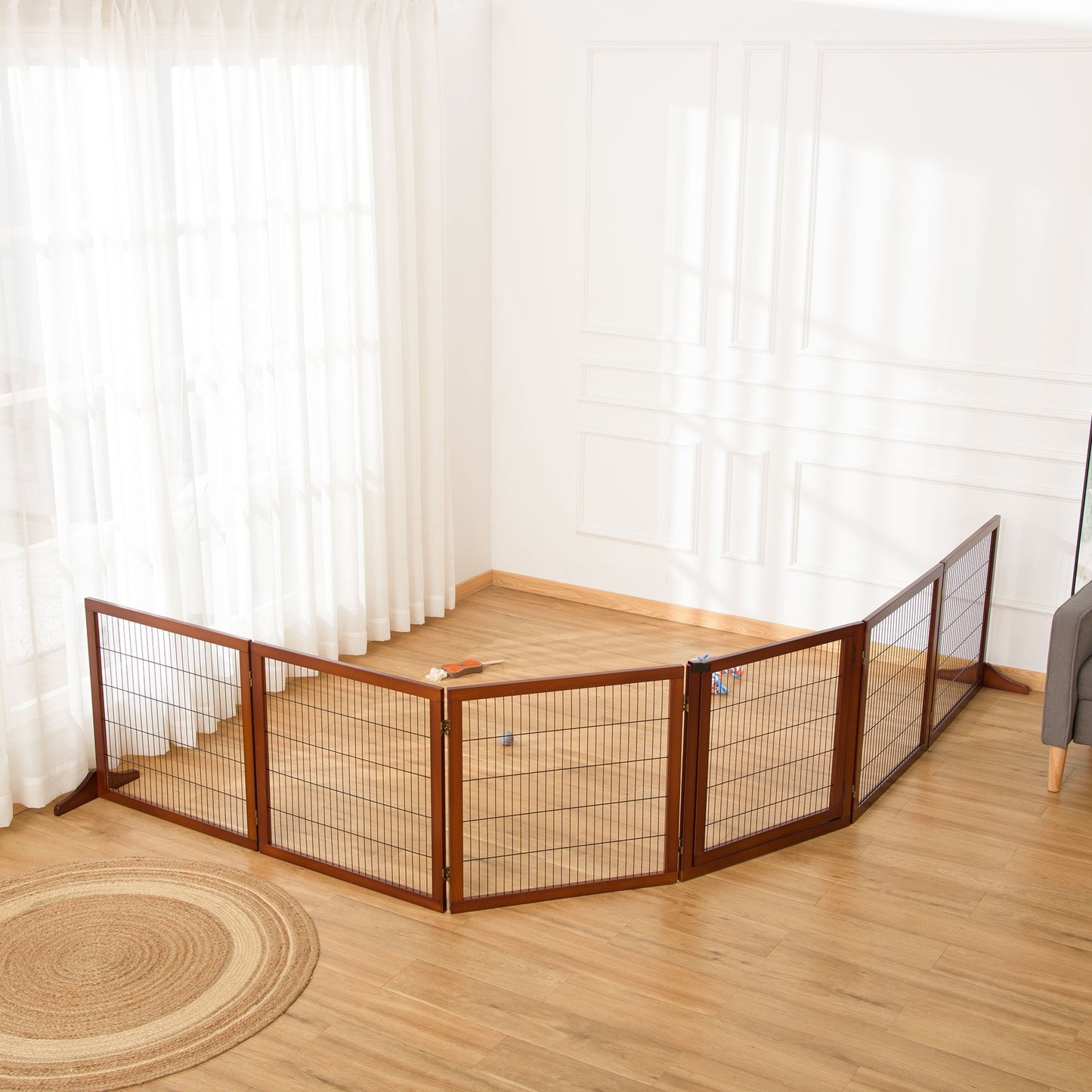 PawHut Wooden Pet Gate, Dog Safety Barrier, Freestanding Foldable Fence, w/ 6 Panels, 2 Support Feet, for Small & Medium Dogs, Coffee | Aosom Canada