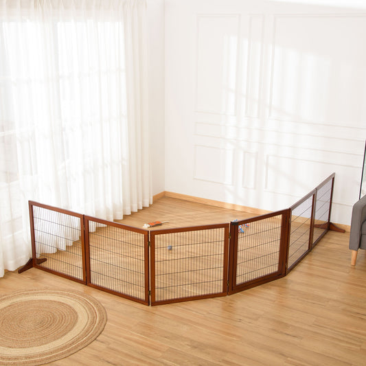 PawHut Wooden Pet Gate, Dog Safety Barrier, Freestanding Foldable Fence, w/ 6 Panels, 2 Support Feet, for Small & Medium Dogs, Coffee | Aosom Canada