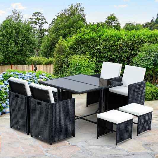 Outsunny 9 Piece Patio Wicker Dining Set Rattan Garden Sectional Sofa Outdoor Space-Saving Armchair & Ottoman Furniture Sets, White | Aosom Canada
