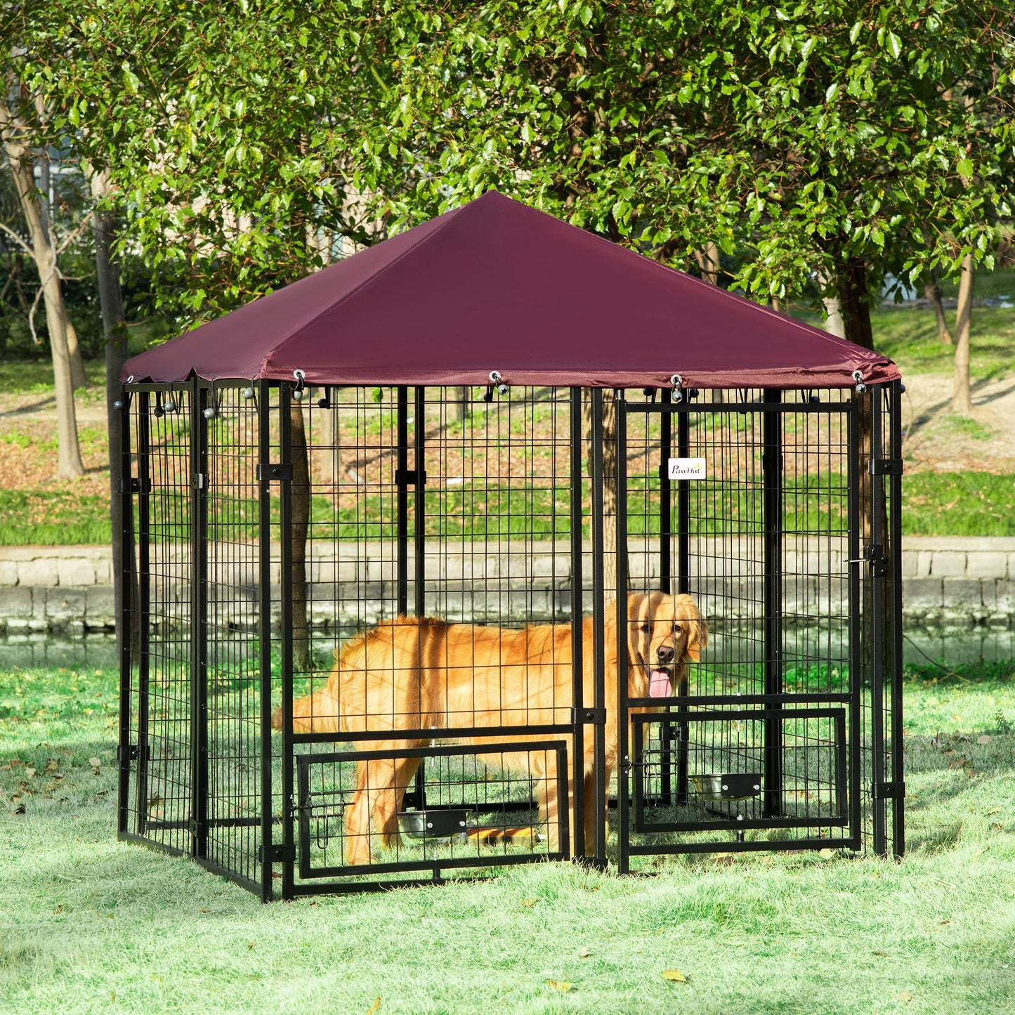 PawHut Outdoor Dog Kennel, Welded Wire Steel Fence, Lockable Pet Playpen Crate, with UV-Resistant Canopy Top, 4.6ftx4.6ftx5ft | Aosom Canada
