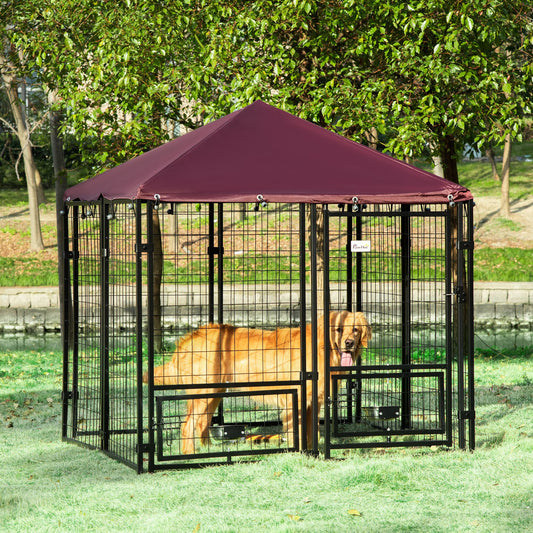 PawHut Outdoor Dog Kennel, Welded Wire Steel Fence, Lockable Pet Playpen Crate, with UV-Resistant Canopy Top, 4.6ftx4.6ftx5ft | Aosom Canada