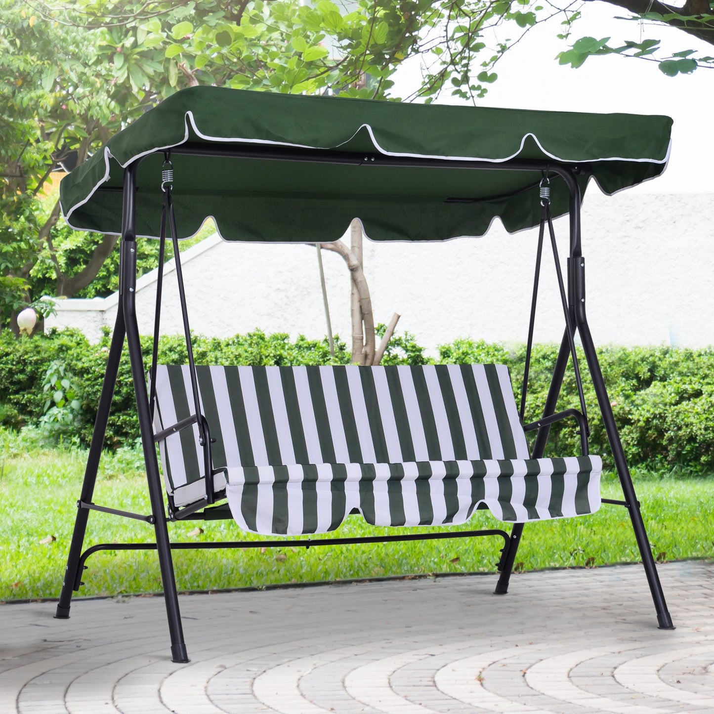 Outsunny Metal 3-Seater Outdoor Swing Chair Cushioned Garden Lounger Patio Hammock with Frame and Canopy Green | Aosom Canada