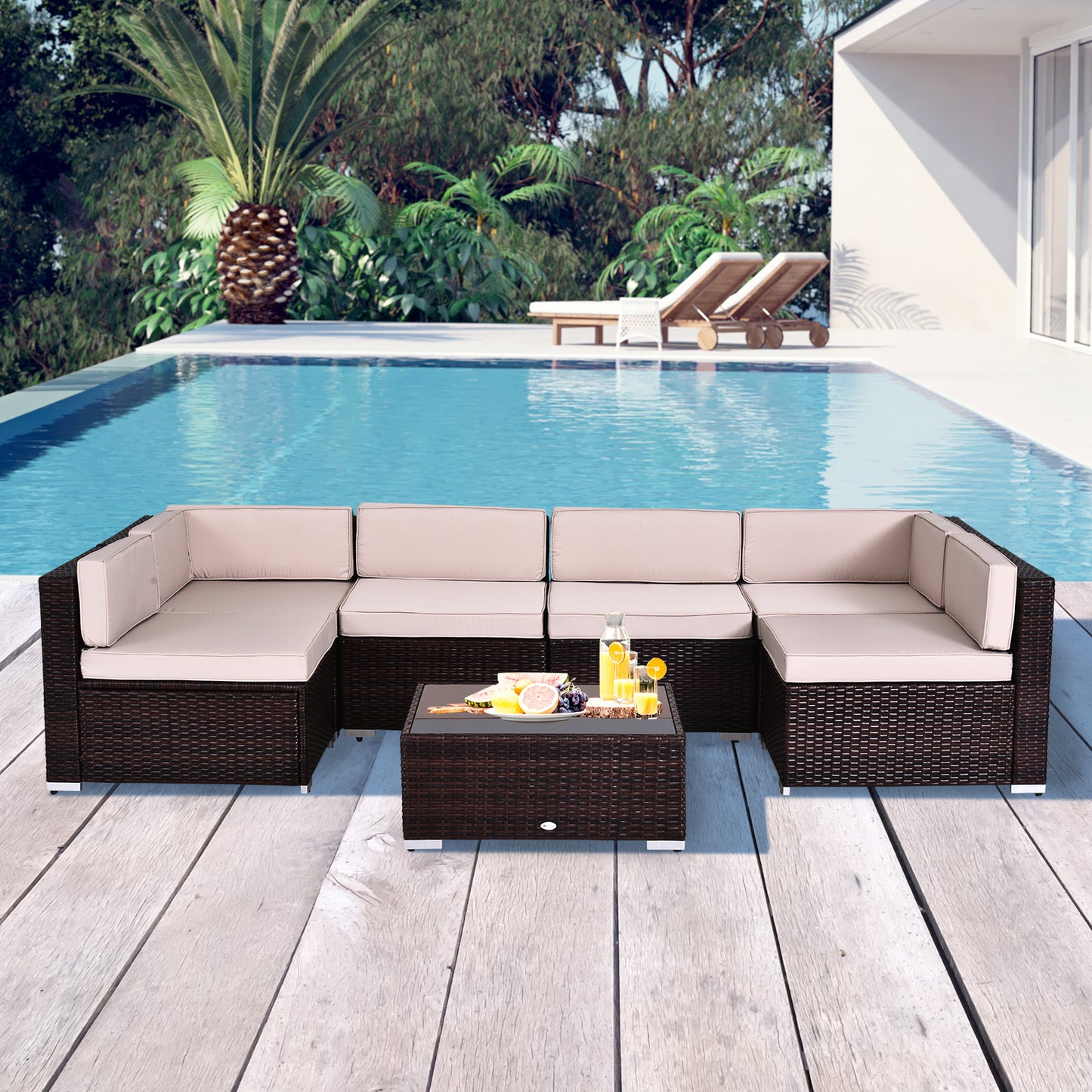 Outsunny 7pcs Outdoor Wicker Sofa Set Patio Furniture All Weather Rattan Conversation Lounge Chair, Brown Khaki | Aosom Canada